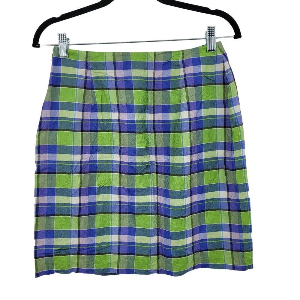 Vintage Plaid Silk Skirt 8 Blue Green Madras Mini Straight Pencil‎ Lightweight